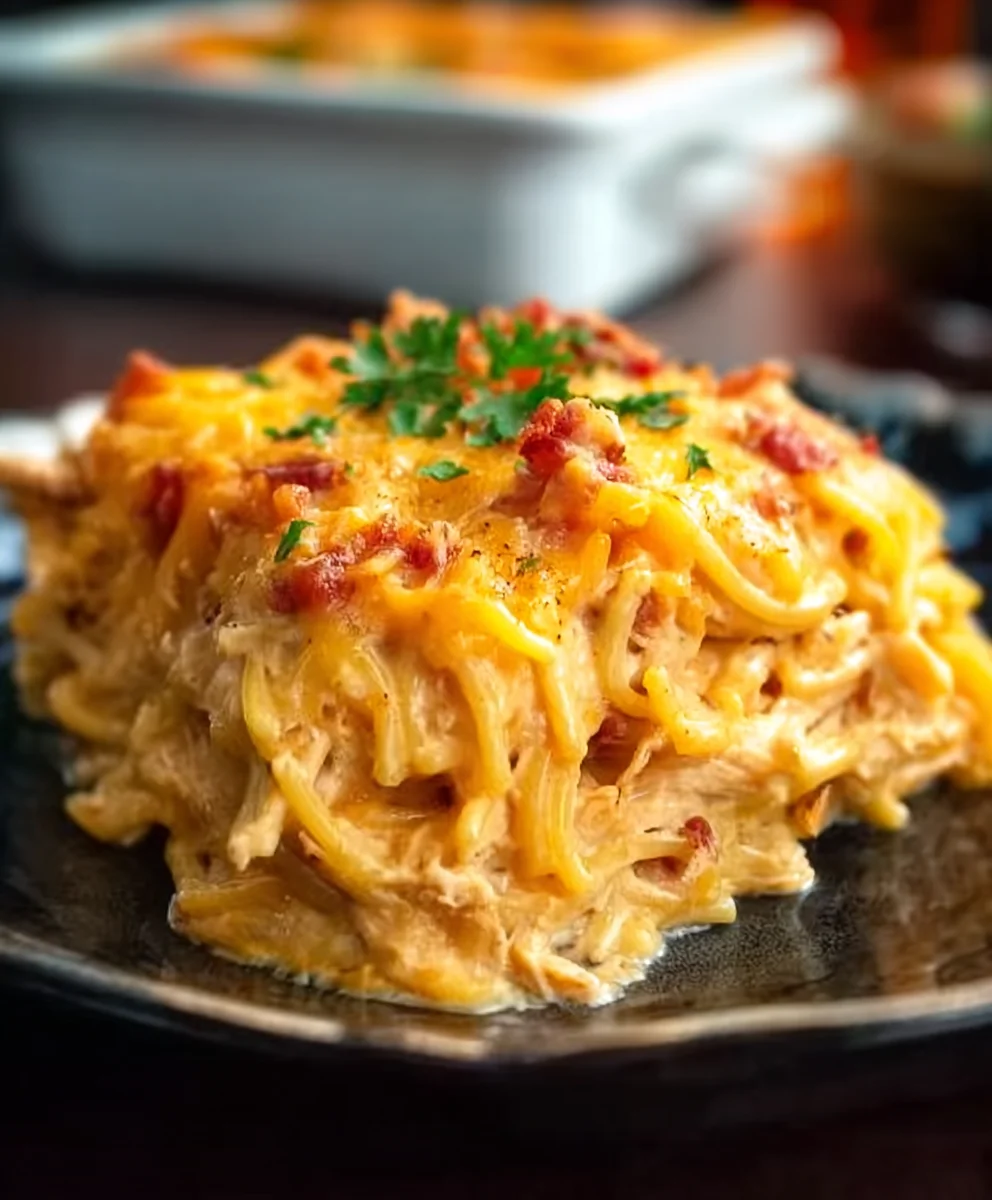 Spicy Cheesy Chicken Spaghetti Casserole - Easy Meal
