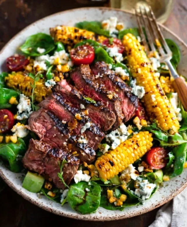 Balsamic Steak Gorgonzola Salad with Grilled Corn