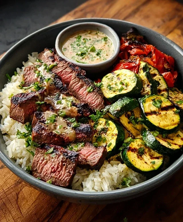 Grilled Steak Bowl with Sauce & Grilled Zucchini Bliss