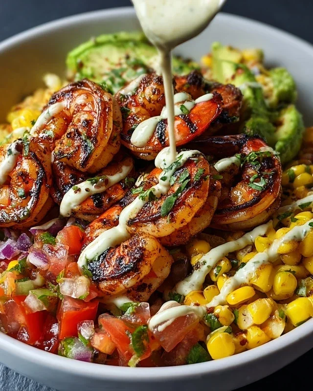 Grilled Shrimp Bowl With Avocado Corn Salsa Creamy Garlic Sauce