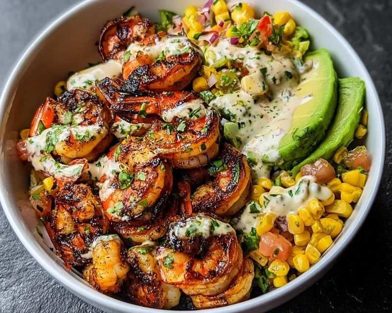 Grilled Shrimp Bowl With Avocado Corn Salsa Creamy Garlic Sauce