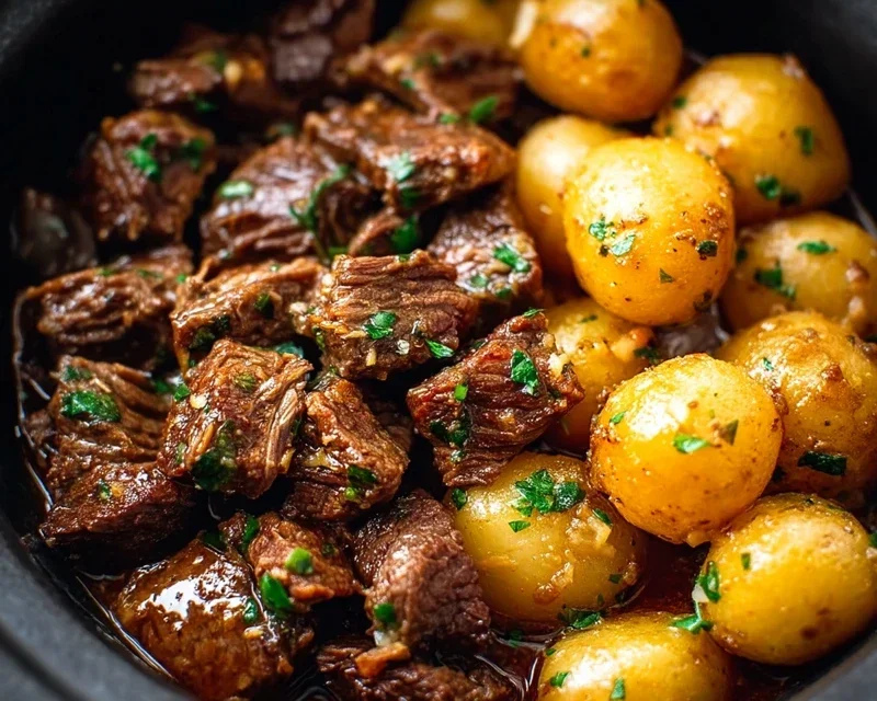 Slow Cooker Garlic Butter Beef Bites with Potatoes