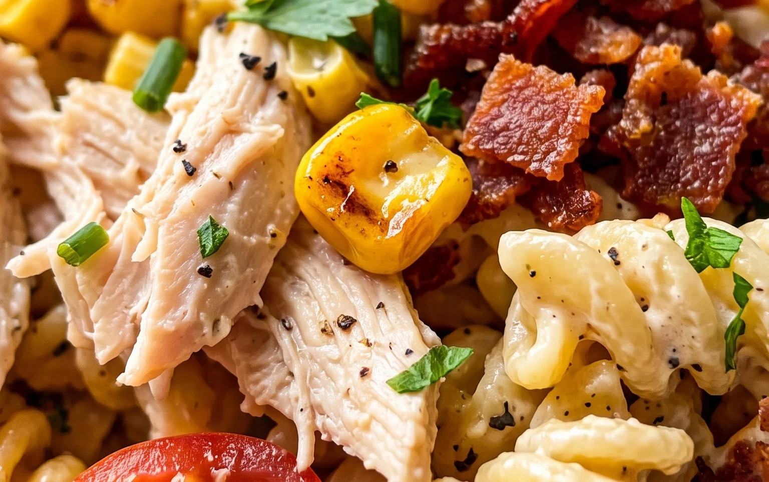 Chicken and Corn Pasta Salad with Beef Bacon
