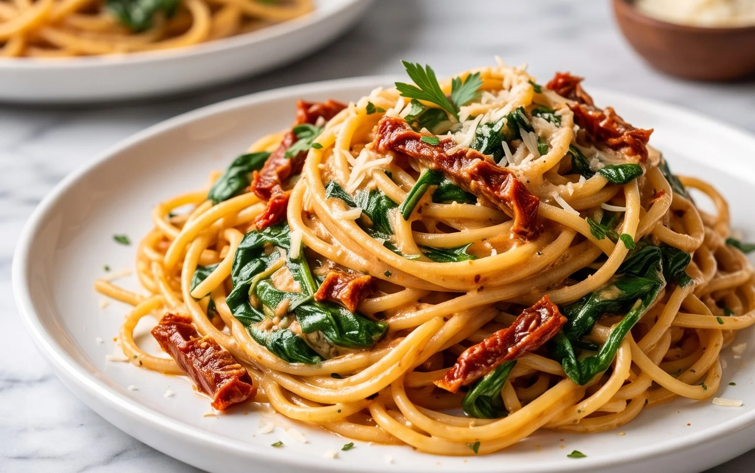 Spaghetti & Spinach with Sun-Dried Tomato Cream Sauce
