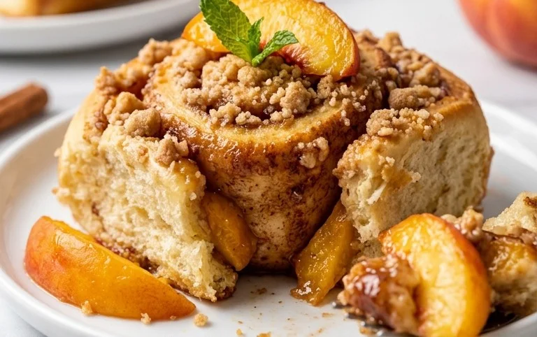 Peach Cobbler Cinnamon Rolls with Crum extractb Topping