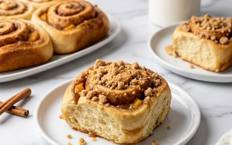 Peach Cobbler Cinnamon Rolls with Crum extractb Topping