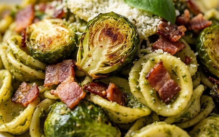 Brussels Sprouts and Beef Bacon Pesto Pasta