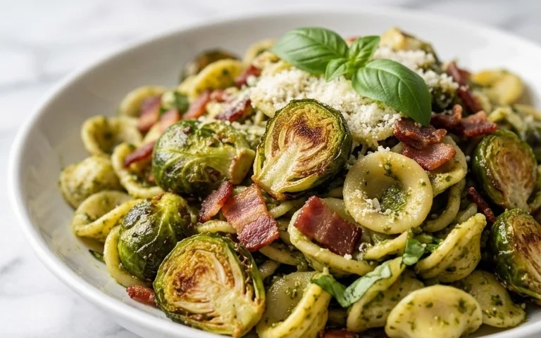Brussels Sprouts and Beef Bacon Pesto Pasta