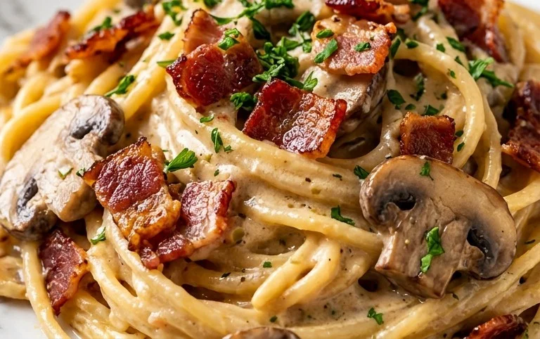 Creamy Beef Bacon and Mushroom Pasta