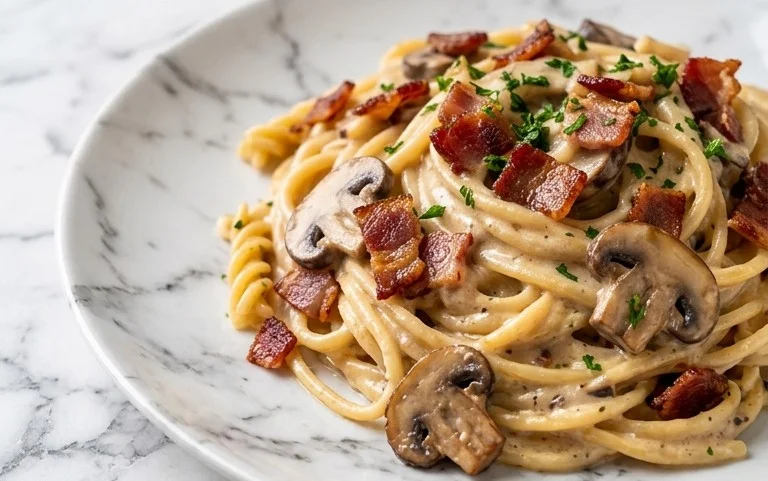 Creamy Beef Bacon and Mushroom Pasta