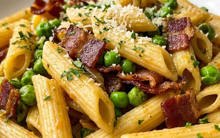 Penne Pasta, Peas and Beef Bacon