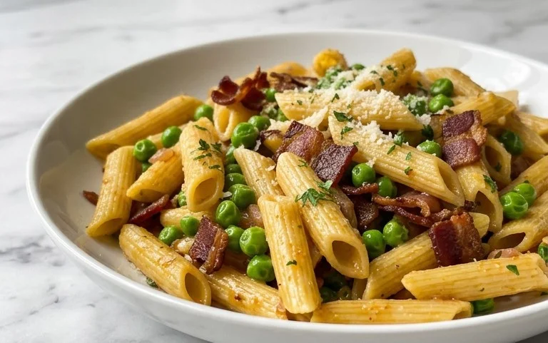Penne Pasta, Peas and Beef Bacon