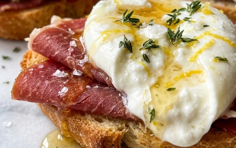 Beef Prosciutto Crostini with Burrata and Lemon Honey Drizzle